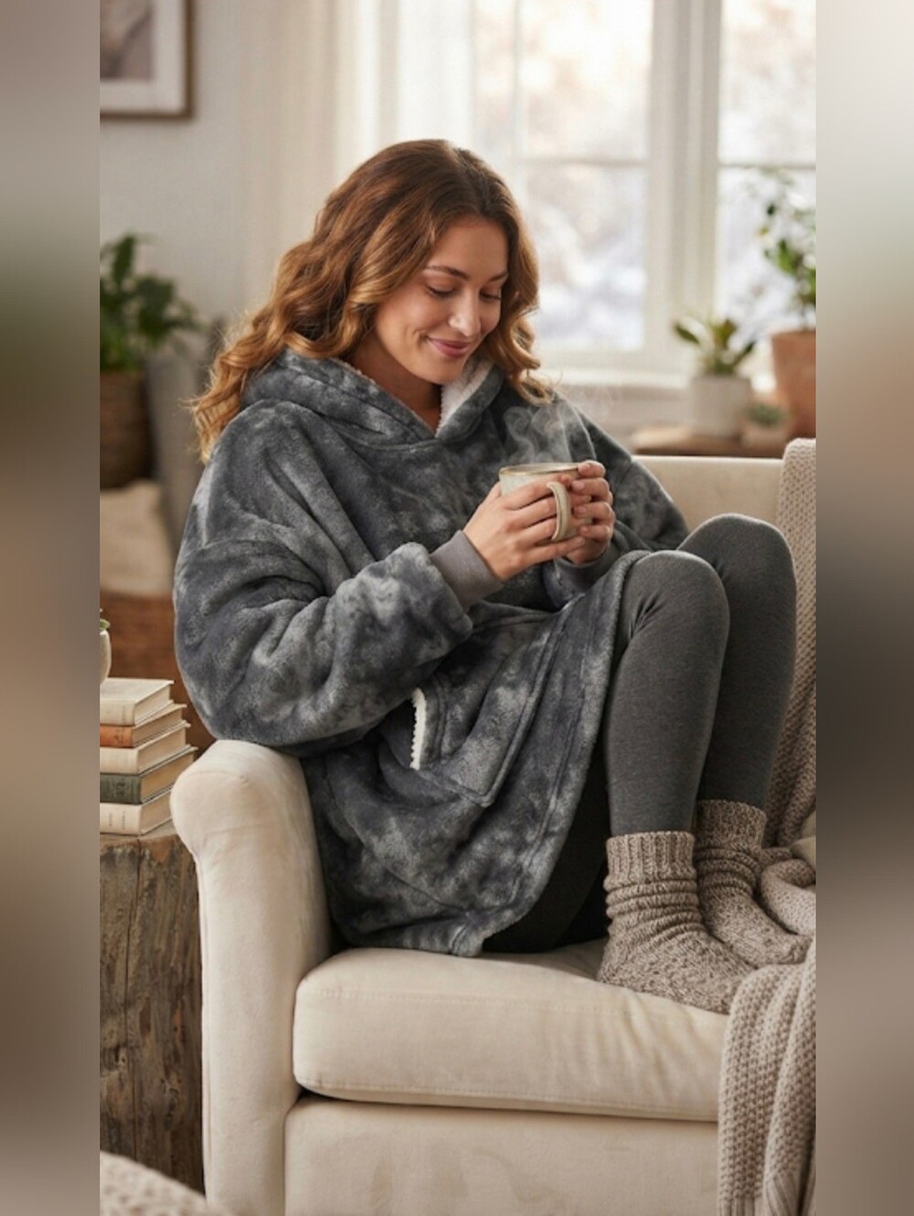 Venustas Wearable Blanket Hoodie – Soft Grey Sherpa Lined Oversized Pullover